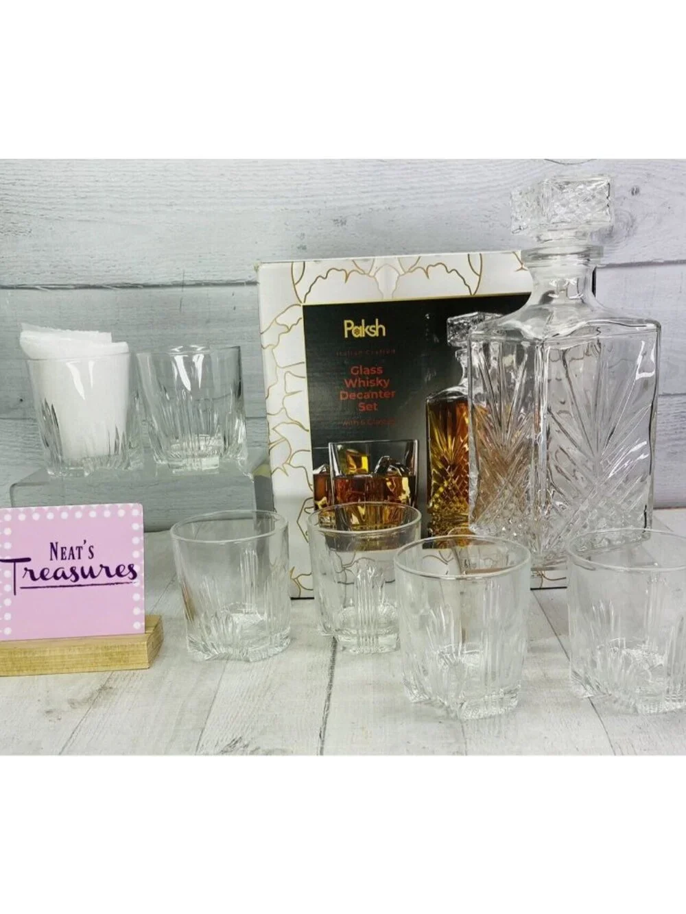Paksh 7-Piece Italian Crafted Glass Decanter Stopper & Whisky Glasses Set Boxed